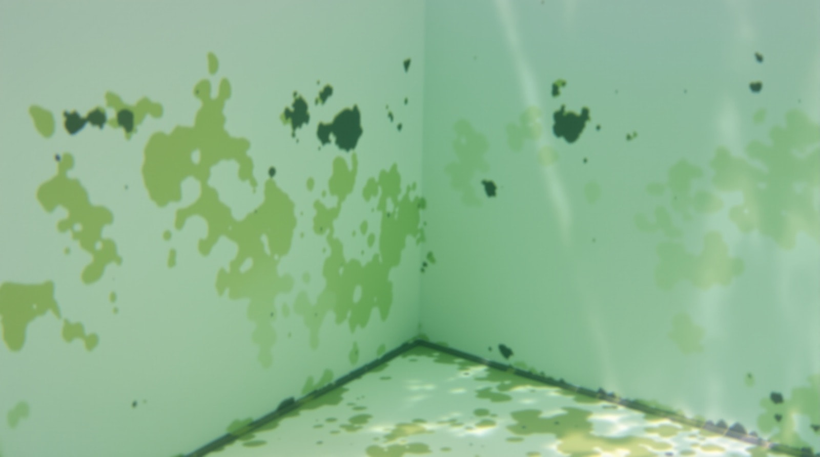 Green algae clinging to a swimming pool wall underwater