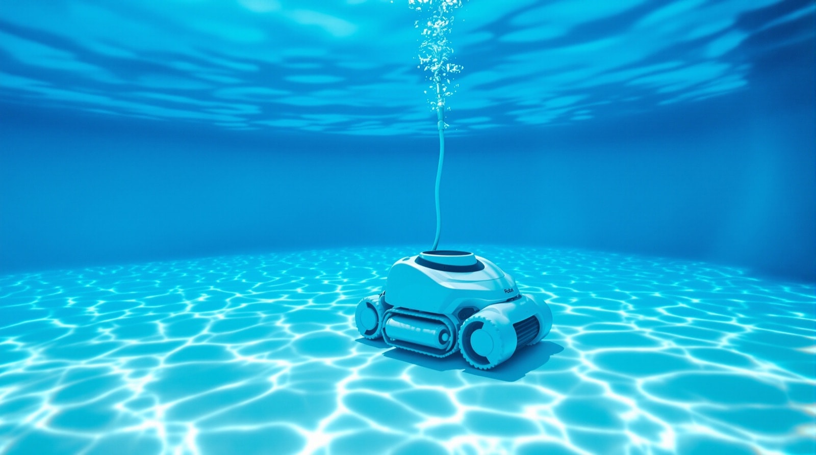 An automatic pool cleaner working on the floor of a clear pool