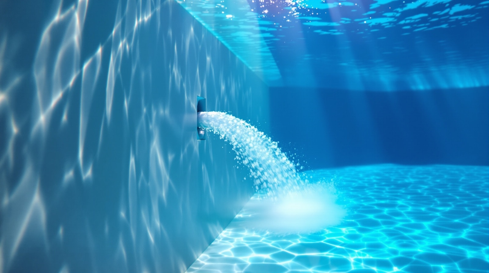 Underwater view of a pool return jet pushing water along the pool wall