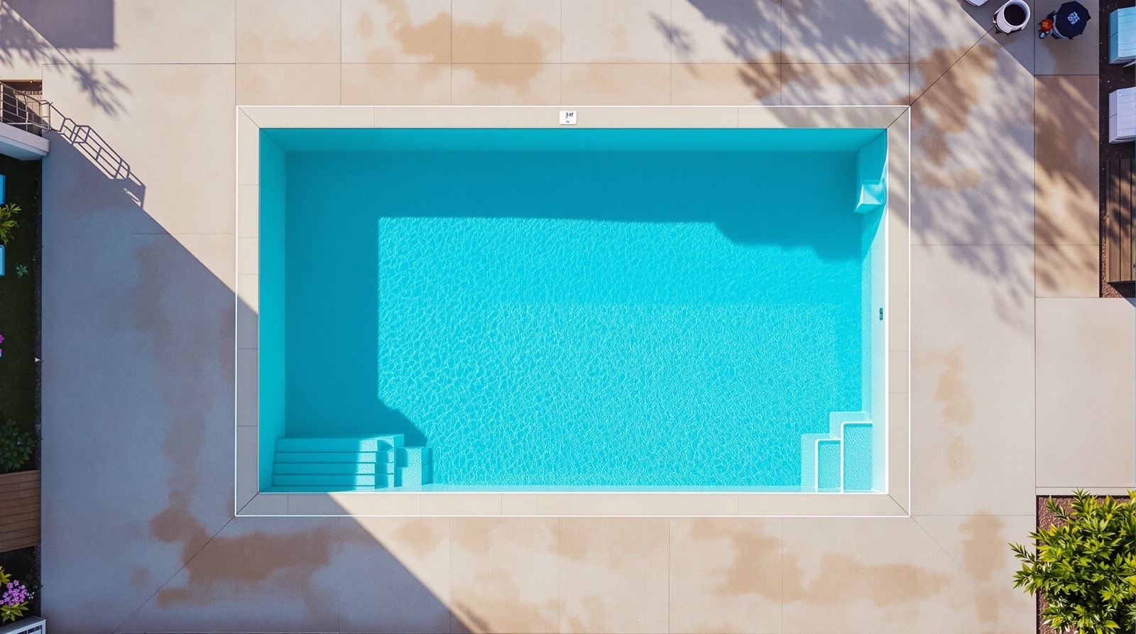 Overhead view of a rectangular inground pool showing its full shape and depth gradient
