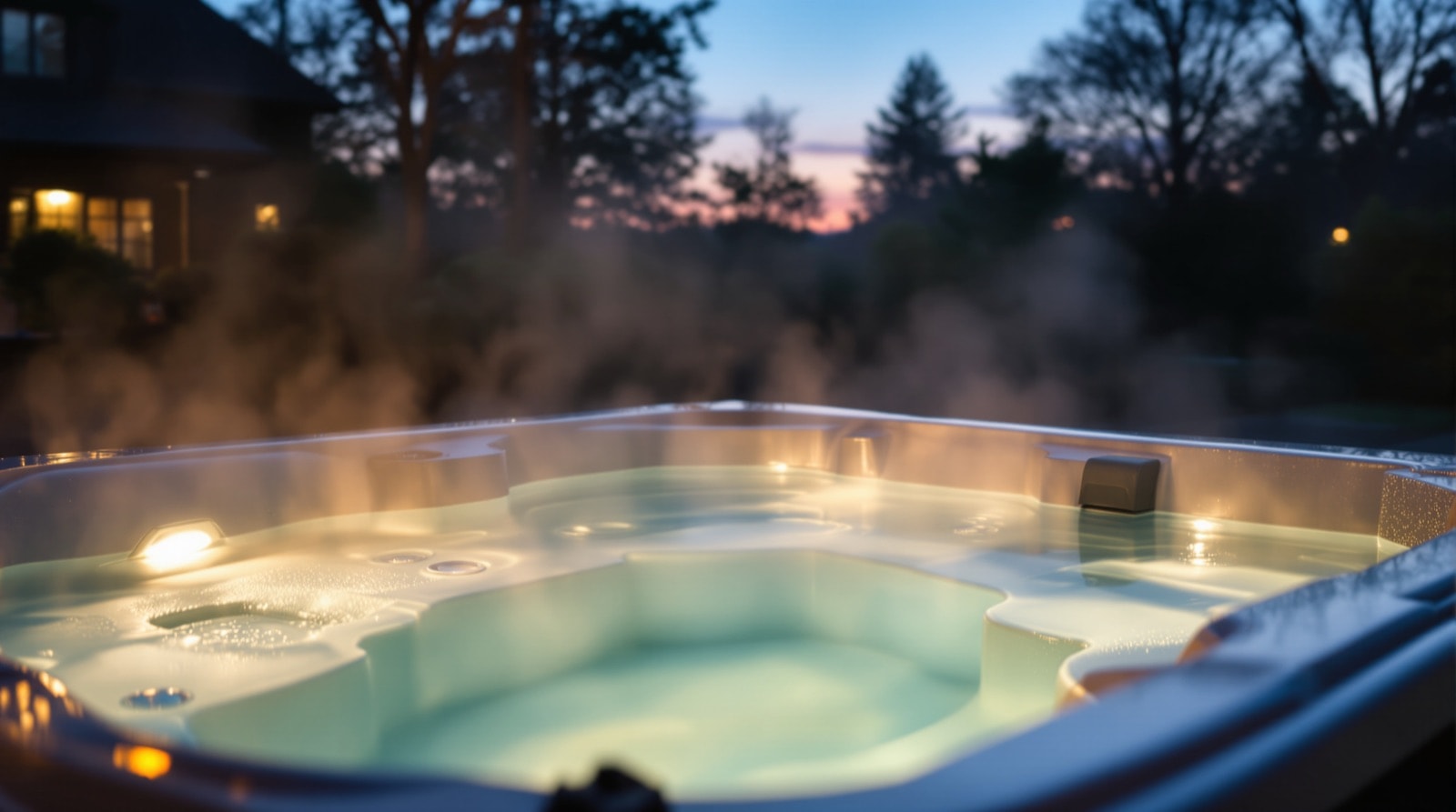 A clean residential hot tub with clear steaming water at dusk