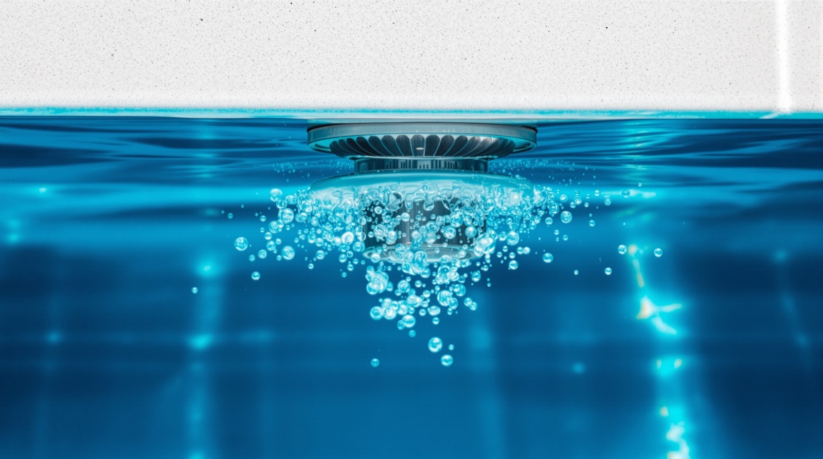 Water returning to a pool through a wall fitting, creating visible circulation