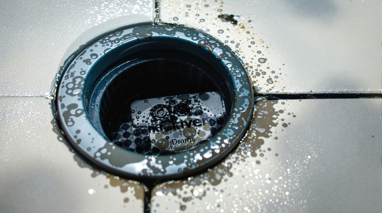 The shaded interior of a pool skimmer, a common site for slime growth