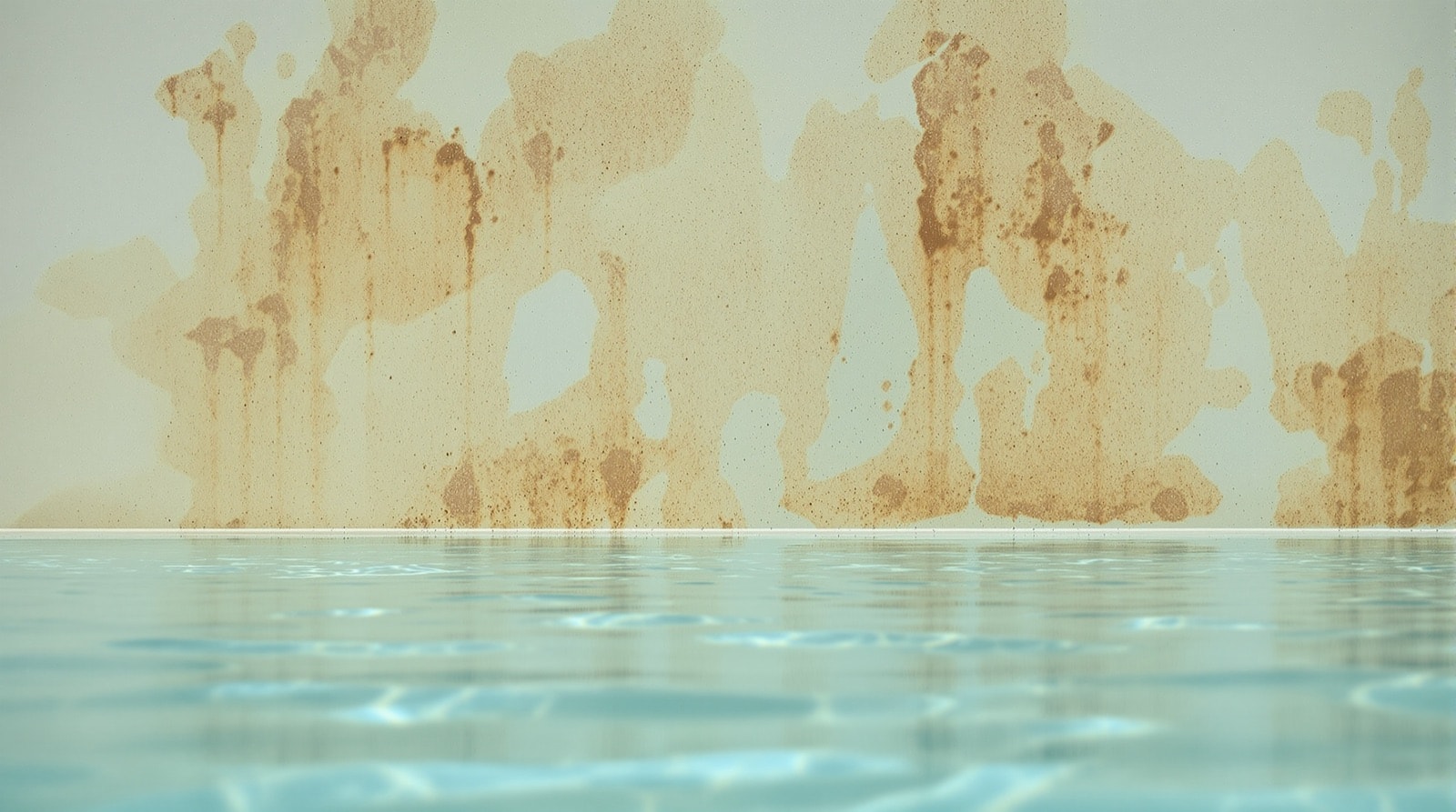 Rust and copper staining discolouring a pale pool surface underwater