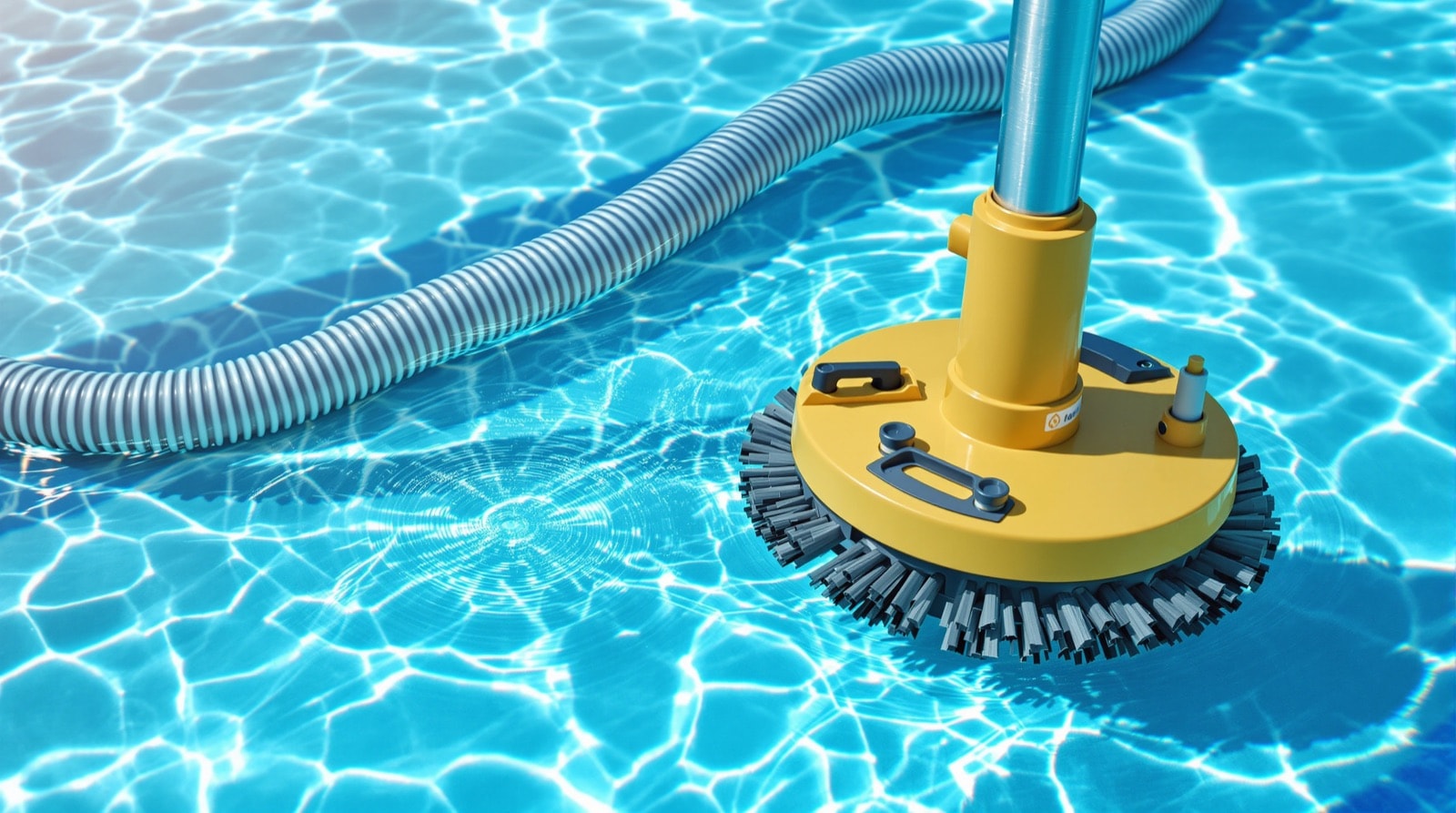 A manual pool vacuum head on the floor of a clear swimming pool